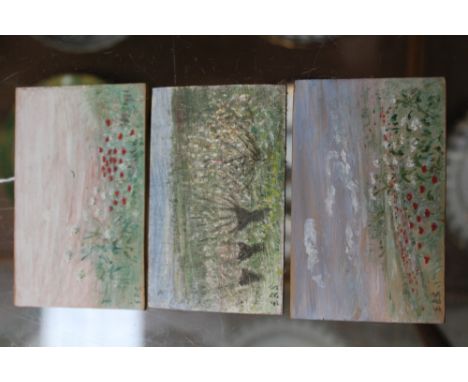 Elinor Bellingham-Smith (1906 - 1988), three miniature oils on panel - rural landscapes, each initialled, 7cm x 11cm