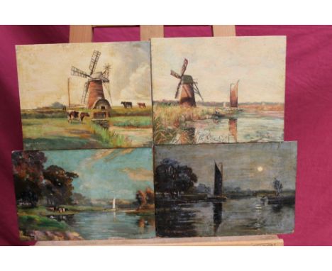 William Leslie Rackham (1864 - 1944), four oils - Trowse Hythe, Ludham, On the Bure and Autumn, Postwick, two on panel, two o
