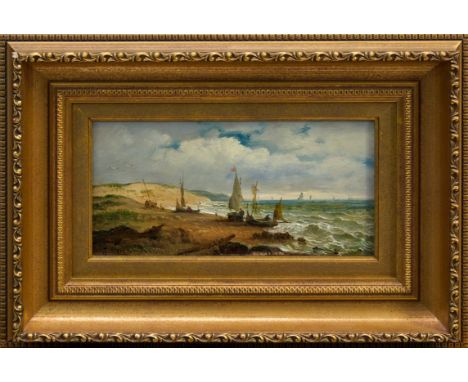 John Moore of Ipswich (1820 - 1902), oil on panel - coastal scene with fishing boats, signed, in gilt frame, 14.5cm x 27cm CO