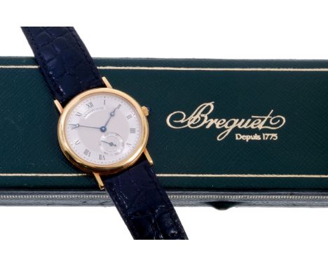 Gentlemen's Breguet Classique gold (18ct) wristwatch with circular hand engraved silver dial signed 'Breguet 2102' with Roman