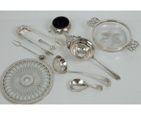 Selection of miscellaneous Georgian and later silver, including sifter spoon, cauldron salt and spoon, teapot stand, silver m