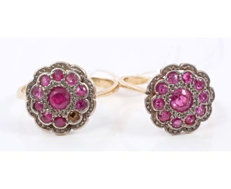 Pair synthetic ruby cluster dress rings on yellow metal shanks.  Ring sizes L and M½