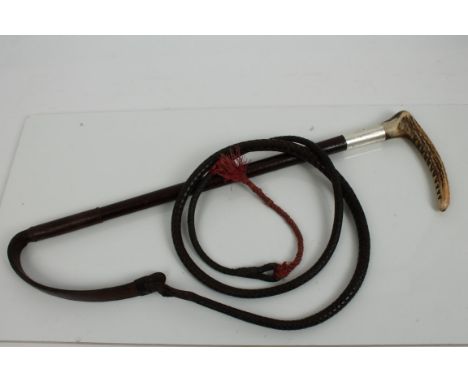 1930s silver mounted and leather hunting whip with stag horn handle (Birmingham 1937)