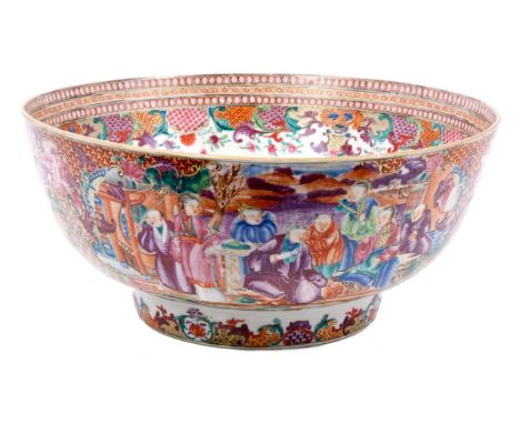 Good quality mid-18th century Chinese export famille rose punch bowl decorated in the Mandarin palette with domestic scenes, 