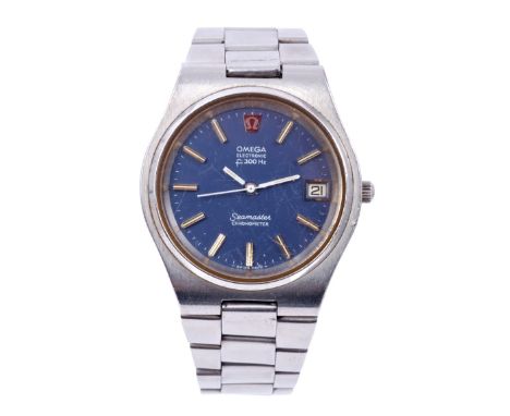1970s gentlemen's Omega F300HZ electronic Seamaster chronometer wristwatch, the circular dial with blue finish, applied baton