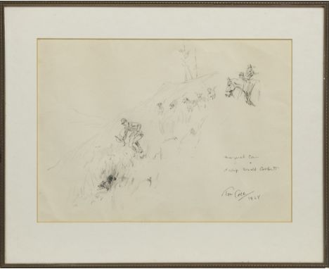 * TOM CARR (BRITISH 1912 - 1977), VERY HARD FROST GOOD SCENT ON THE FIRST FOX; and 1ST WHIP DONALD CORBETT pencils on paper, 