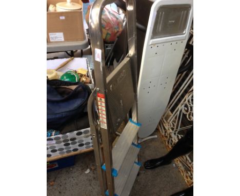 A PAIR OF ALUMINIUM STEP LADDER AND AN IRONING BOARD
