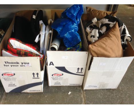 THREE BOXES OF MISC, CURTAINS, HANDBAG, QUILTS, CUSHIONS