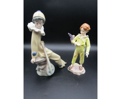 Royal Worcester vintage ' The parakeet' 3087 in yellow and Nao 'Wandering Minstrel' clown with mandolin (repaired)