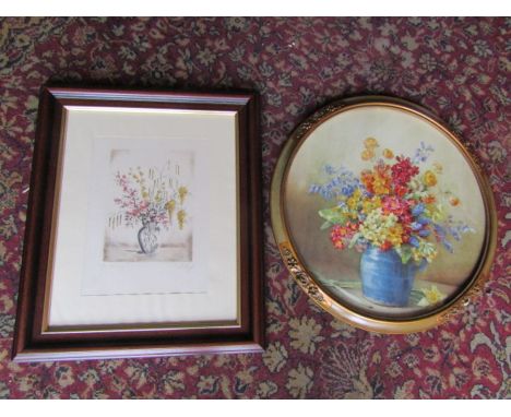 Signed watercolour of a bouquet of flower and print of a bouquet of flowers (Diameter 45cm approx) both framed and glazed&nbs