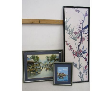 2 oil paintings and an Oriental blossom print