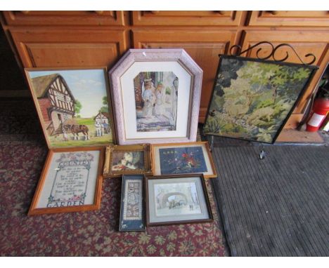 Framed oil on board, wrought iron tapestry fire screen, oriental tapestry's and prints etc&nbsp;