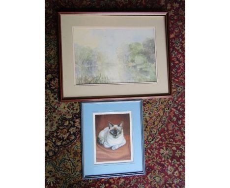 After Raymon Guix Cherta cat print signed in margin and watercolour of a lake scene signed P.Newton (54cm x 69cm approx) both