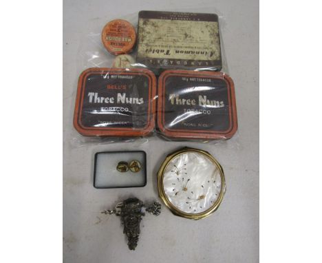 Greyhound press buttons, Strattons compact, gothic cork screw and vintage tins