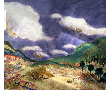 Dominique Boisjoli (Canadian, b. 1955), acrylic, mixed media on paper, titled "la Vallie de Moin", signed L/R, 47" x 37", gla