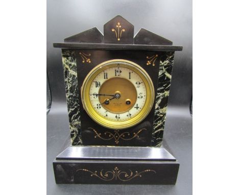 W.R Bullen, Norwich black slate clock with enamel face and pendulum