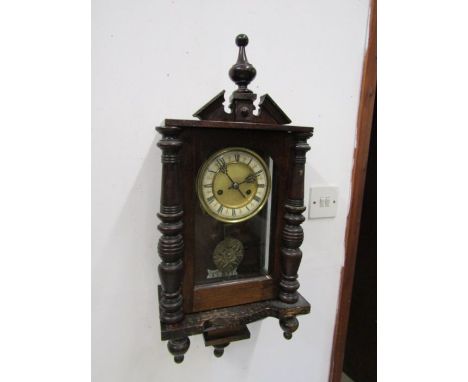 Oak cased wall clock with key H70cm approx (top finial is loose)&nbsp;