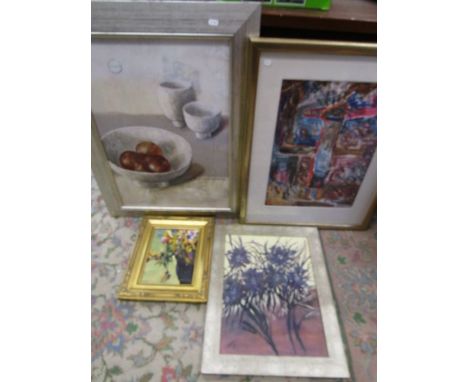 4 framed pictures, 3 oil and 1 print
