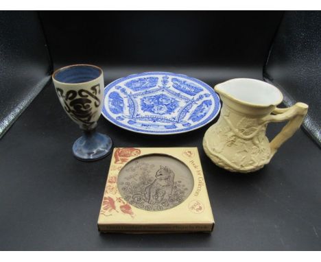 Poole pottery cat plate, commemorative plate, studio goblet and 1800's jug