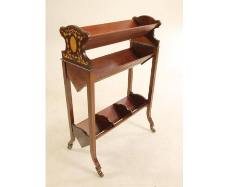 AN EDWARDIAN MAHOGANY AND INLAID  BOOK STAND of oblong form with three shelves, the V shaped upper section with shaped ends e