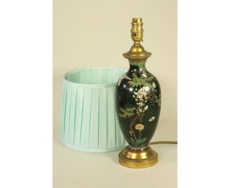 A CHINESE CLOISONNE ENAMEL TABLE LAMP BASE, late 19th century, of ovoid form decorated with a turquoise, white, red and yello