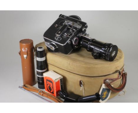 A PAILLARD BOLEX H16 REFLEX CAMERA with 150mm Kern Paillard lens in leather case, an SOM BERTHOIT 1:2,4 lens and other access