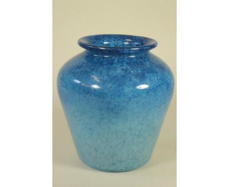 A MONART GLASS VASE of flared cylindrical form with rounded shoulders and slightly everted rim in mottled blue, shape HF, 9" 