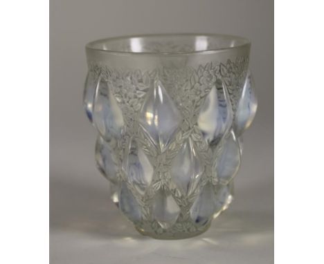 A LALIQUE BLUE OPALESCENT GLASS VASE in "Rampillon" pattern, marked "R Lalique, France", 5" high