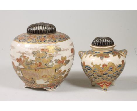 A SATSUMA EARTHENWARE POT POURRI, Meiji period, of ovoid form raised upon three bracket feet, painted in typical palette with