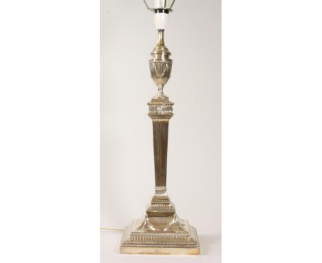 A LARGE SILVER PLATED ELECTRIC TABLE LAMP BASE, 20th century, probably by Hawksworth, Eyre & Co., the neo-classic fluted urn 