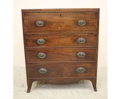 A REGENCY MAHOGANY SECRETAIRE CHEST, early 19th century, with ebony stringing, the caddy top over secretaire with drawers and