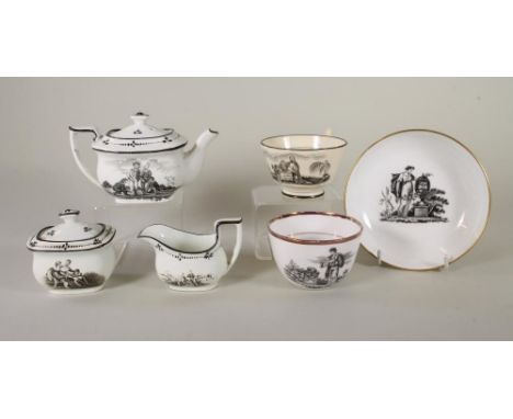 A CHILD'S STAFFORDSHIRE PEARLWARE THREE PIECE TEA SERVICE, c.1820, of London shape, the teapot bat printed with vignettes of 