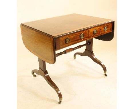 A REGENCY STYLE MAHOGANY AND SATINWOOD BANDED SOFA TABLE, late 19th century, the moulded edged and banded rounded oblong top 