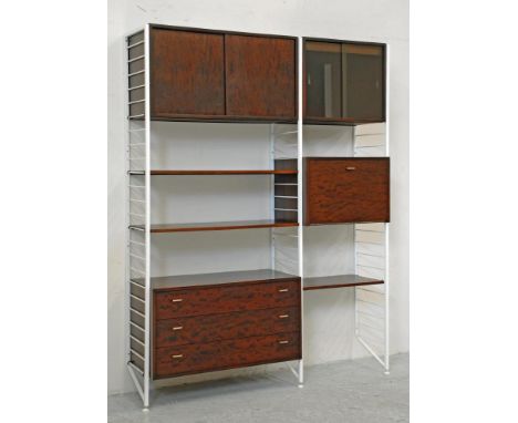 A LADDERAX HARDWOOD ROOM UNIT in two sections on white painted metal supports, comprising a three drawer unit, two open shelv