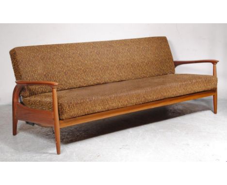 A SCANDINAVIAN DESIGN TEAK FRAMED SOFA BED, 1960's, the seat and back cushion in brown and black boucle, shaped open arms on 