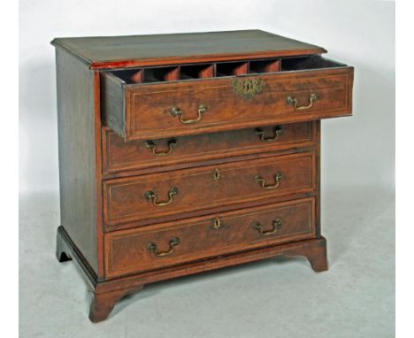 A GEORGIAN MAHOGANY SECRETAIRE CHEST, late 18th century, the banded and string inlaid moulded edged top over similar fascia, 