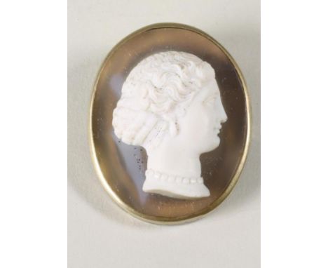 AN EARLY VICTORIAN POLISHED AGATE CAMEO, the white striated opalescent buff stone carved in high relief in the white with the