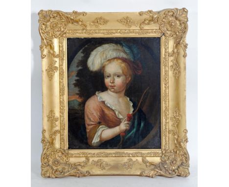 ENGLISH SCHOOL (c.1700), Portrait of a Young Archer with Plumed Hat, oil on panel, unsigned oval, 18 1/2" x 15 1/2", gilt ges