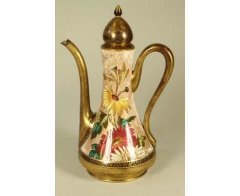 A DOULTON EARTHENWARE ROSE WATER SPRINKLER AND COVER, c.1880, of swept cylindrical form with high loop handle, painted in pin