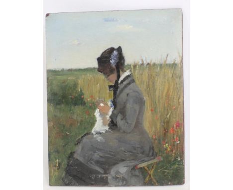 FRENCH SCHOOL (Late 19th Century), Portrait of a Lady Seated in a Cornfield, oil on board, unsigned, 6 3/4" x 5 1/4", unframe