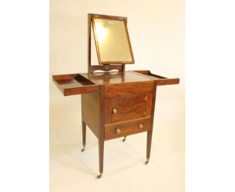 A GEORGIAN MAHOGANY WASHSTAND, late 18th century, the split hinged top opening to reveal interior with rise and fall adjustab