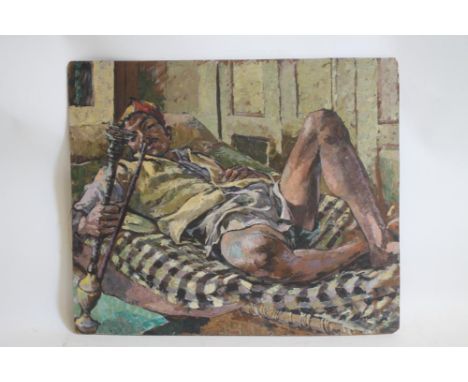 ALFRED W HALLETT A.R.C.A. (1914-1986), Portrait of an Indian Youth with Hookah Pipe, oil on board, signed with initials, sign