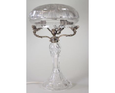 A TABLE LAMP BASE, early 20th century, the slice and flower cut mushroom shade supported on three EPNS scroll branches with w