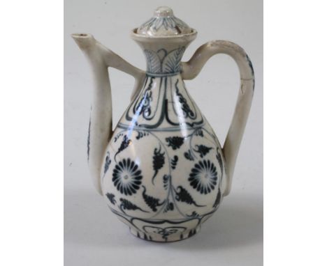 A CHINESE PORCELAIN SMALL WINE EWER AND COVER in Yuan style, of typical form, painted in underglaze blue with a band of roset