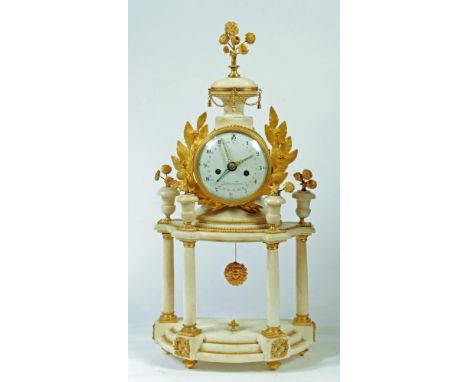 A FRENCH WHITE MARBLE AND ORMOLU MOUNTED PORTICO CLOCK, 19th century, the twin barrel drum movement with outside count wheels