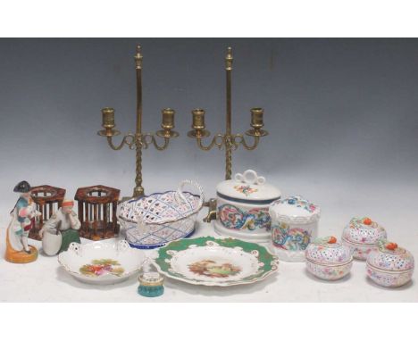 A collection miscellaneous china and brassware including a pair of adjustable two light candlesticks, and a pair of hexagonal