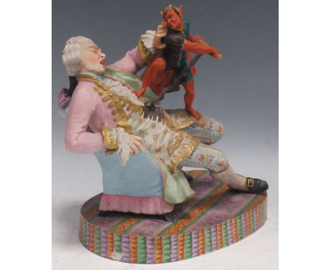 A French 19th century exhibition polychrome bisque group of a gallant impaled by a corkscrew-bearing devil, marked to undersi