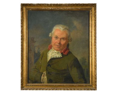 Continental School, late 18th century Portrait a gentleman in a green jacket in a landscape with a country house beyondoil on