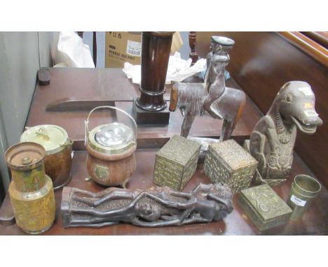 An African figural post carving 45cm high and a figure on a horse, two Edwardian oak and silver plated biscuit barrels, three