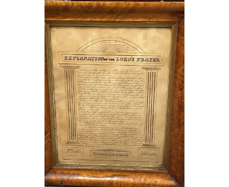 Explanation of The Lord's Prayer pen and ink manuscript for 'Wendover School' dated 1830, maple framed